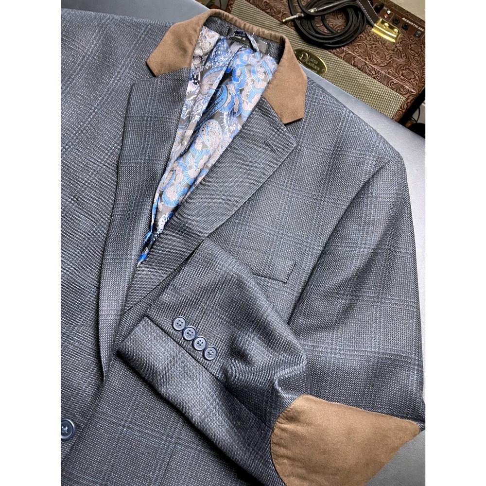 Van Heusen Studio 44R Blue Black Plaid Elbow Patch Blazer - Picture 12 of 13